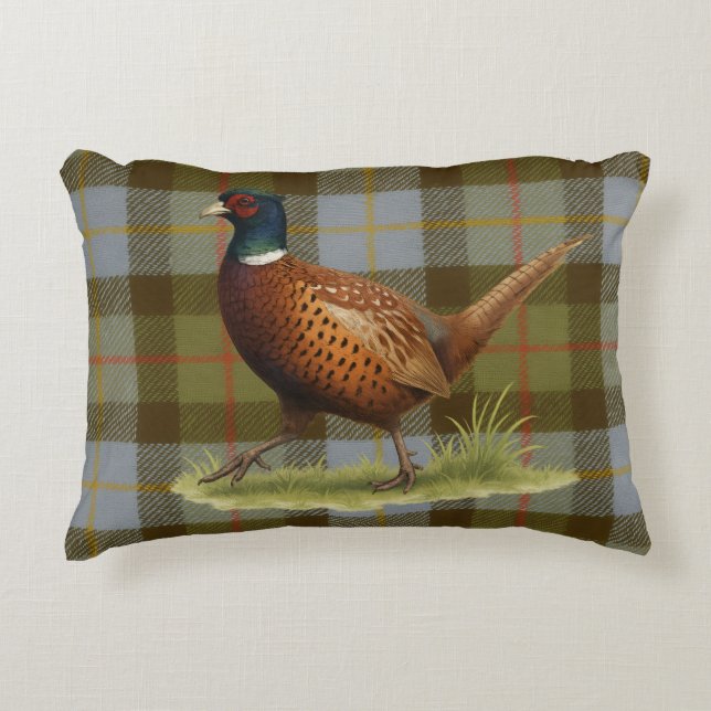 Pheasant on Tartan / Tweed Cushion Home Decor Dekokissen (Vorderseite)