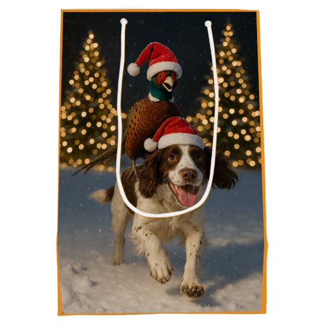 Pheasant riding Springer Spaniel Christmas card Mittlere Geschenktüte (Rückseite)