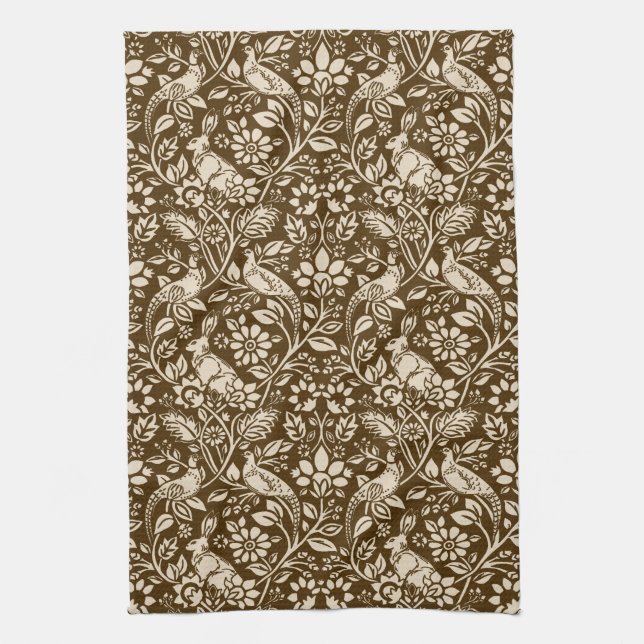 Pheasant und Hare Pattern, braun und Beige  Geschirrtuch (Vertikal)