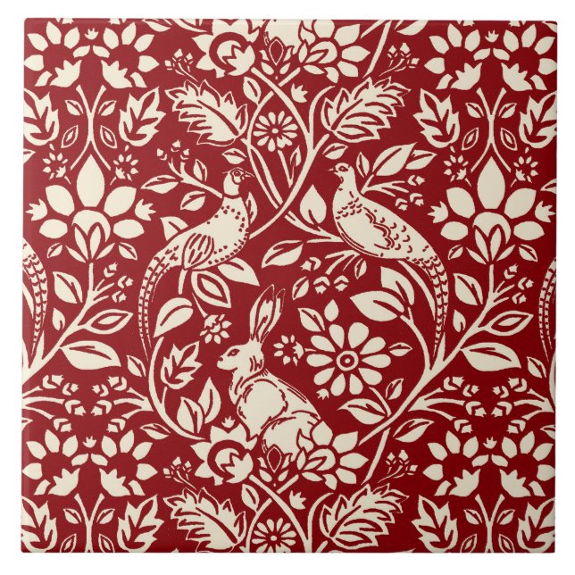 Pheasant und Hare Pattern, Deep Red & Cream Fliese (Vorderseite)