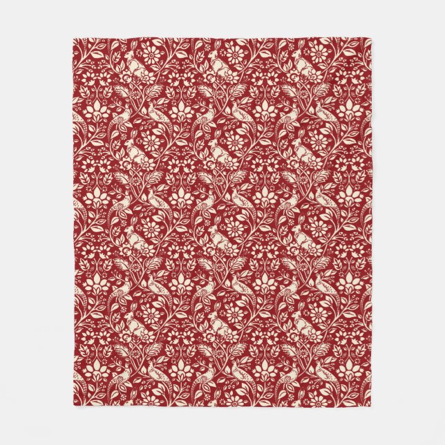 Pheasant und Hare Pattern, Deep Red und Creme Fleecedecke (Vorderseite)