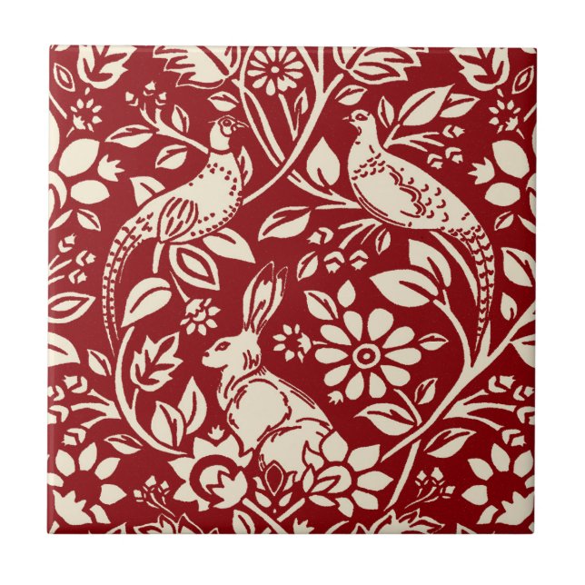 Pheasant und Hare Pattern, Deep Red und Creme Fliese (Vorderseite)