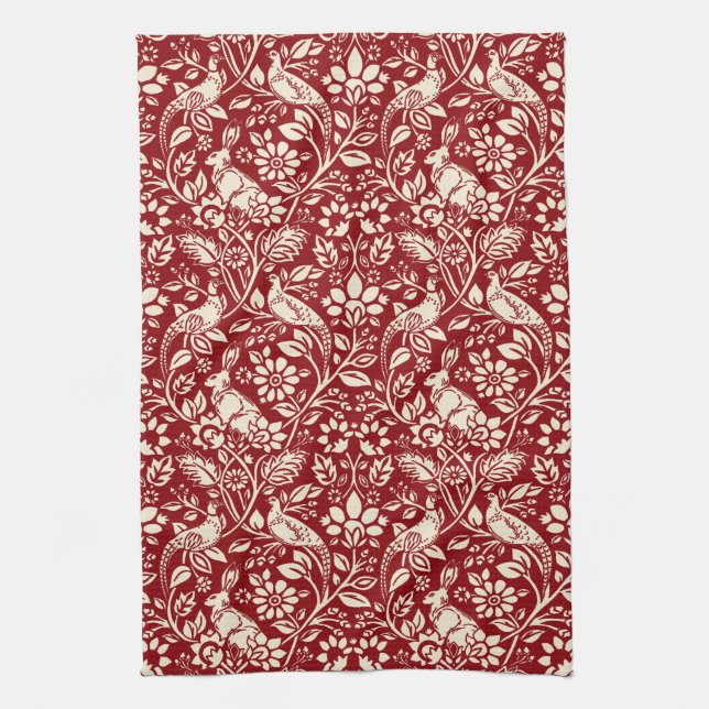 Pheasant und Hare Pattern, Deep Red und Creme  Geschirrtuch (Vertikal)