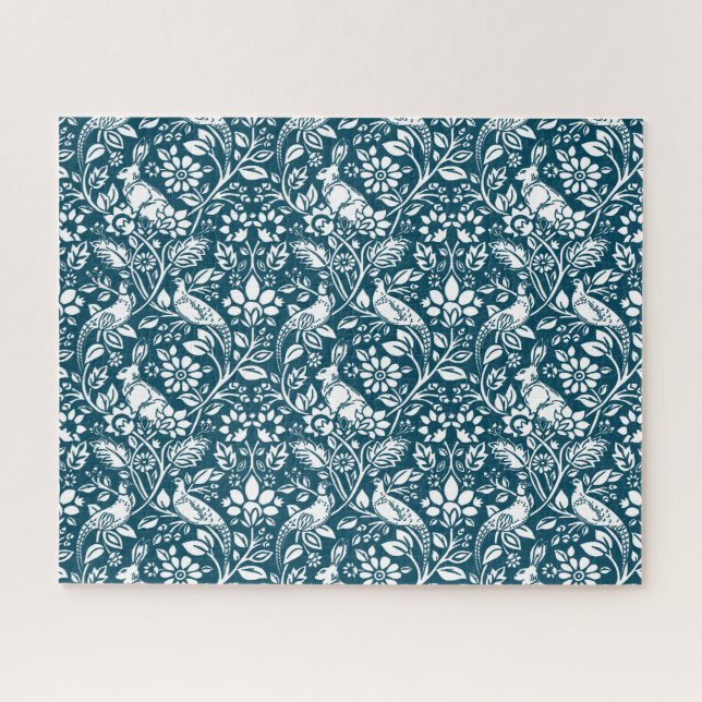 Pheasant und Hare Pattern, Indigo Blau und Weiß Puzzle (Horizontal)
