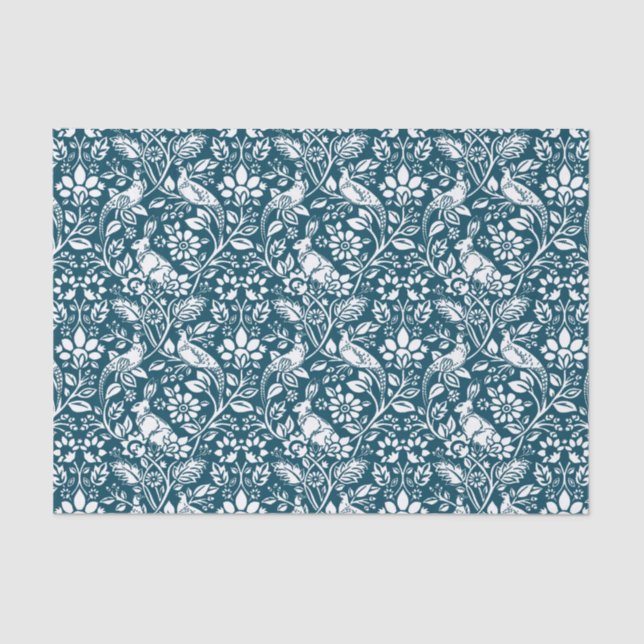 Pheasant und Hare Pattern, Indigo Blau und Weiß Seidenpapier (Vorderseite)