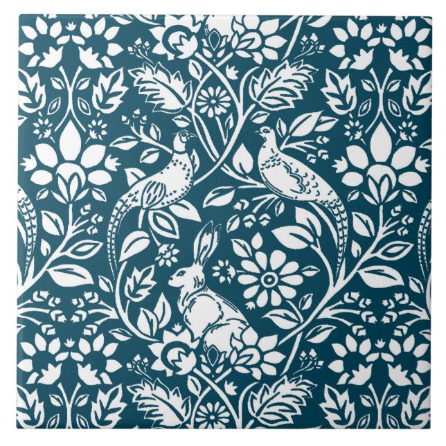 Pheasant und Hare Pattern, Indigoblau und Weiß Fliese (Vorderseite)