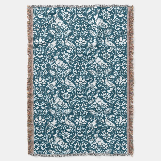 Pheasant und Hare Pattern, Indigoblau und weiß T Decke (Vorderseite Vertikal)