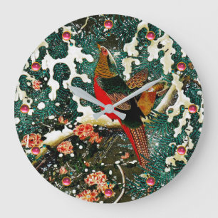 Pheasants in Snow, Pine Tree,Roses,Japanese Floral Große Wanduhr