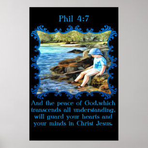 Phil 4:7 Baby Junge fischen im Fluss. Poster