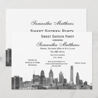 Philadelphia Black Etched Look Skyline Sweet 16 Einladung