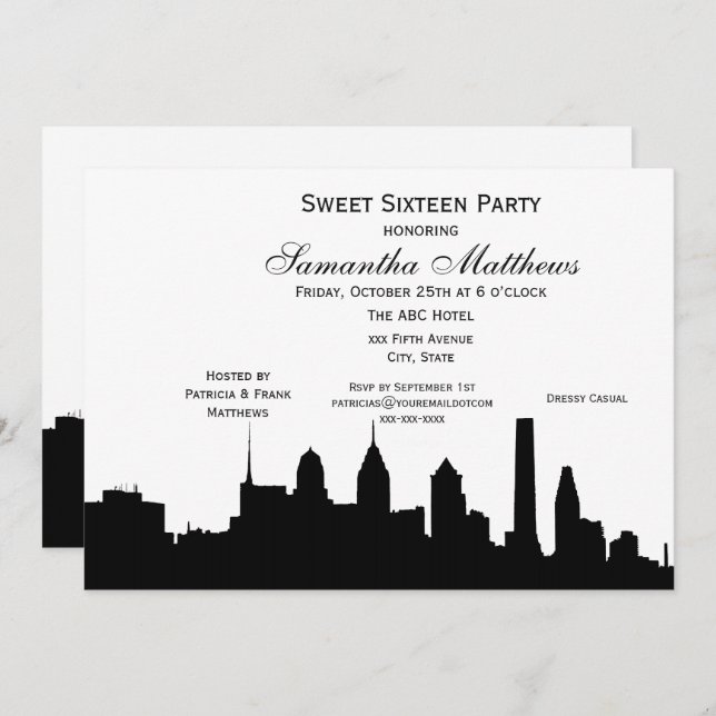 Philadelphia Black Skyline Silhouette Sweet 16 Einladung (Vorne/Hinten)