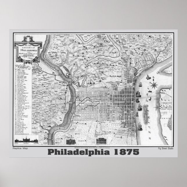 Philadelphia Map 1875, Replica Gray Poster (Vorne)