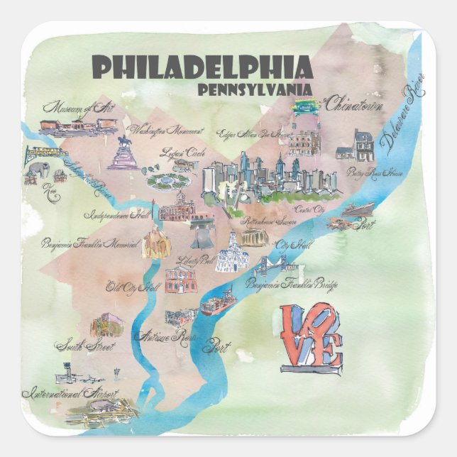 Philadelphia Pennsylvania Retro Vintage Karte Quadratischer Aufkleber (Vorderseite)