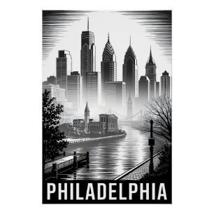Philadelphia Pennsylvania Schwarz Weiß Holzschnitt Poster