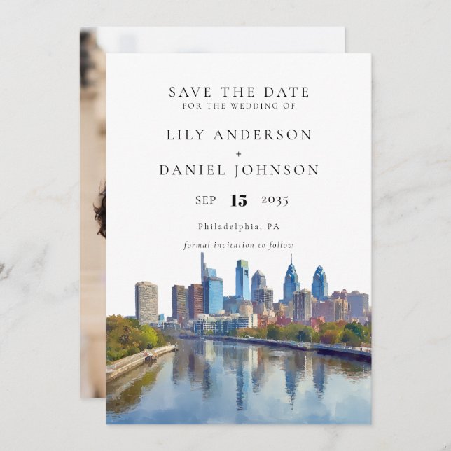 Philadelphia Skyline Aquarell-Foto-Hochzeit Save The Date (Vorne/Hinten)
