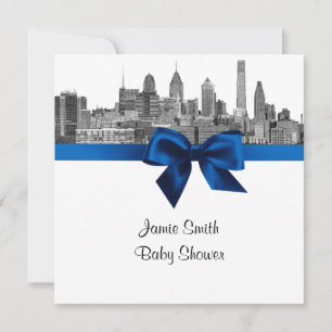 Philadelphia Skyline Ätzung BW Royal Blau Babypart Einladung