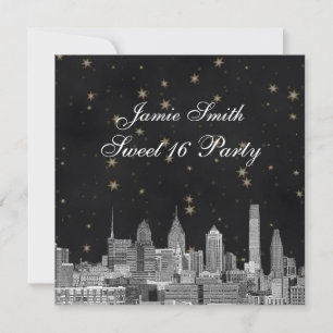 Philadelphia Skyline Black Gold Star Sweet 16 Einladung