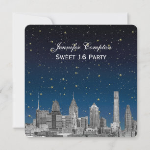 Philadelphia Skyline Etch Blue Starry Sweet 16 H Einladung