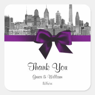 Philadelphia Skyline Etch BW Lila Favor Tag Quadratischer Aufkleber