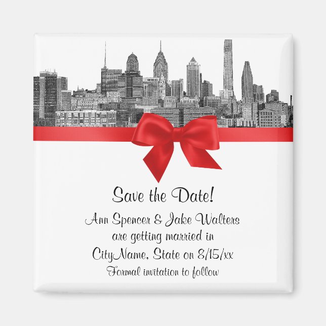 Philadelphia Skyline Etch BW Save the Date rot Magnet (Vorne)