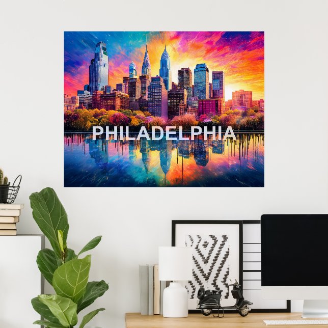 Philadelphia Skyline Farbenfrohe urbane Kunst Poster (Heimbüro)