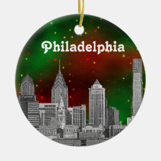 Philadelphia Skyline Green Red Starry Sky Xmas Keramikornament