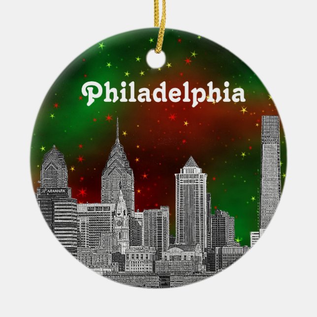 Philadelphia Skyline Green Red Starry Sky Xmas Keramikornament (Vorne)