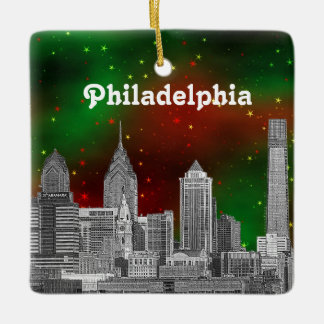Philadelphia Skyline Green Red Starry Sky Xmas Keramikornament