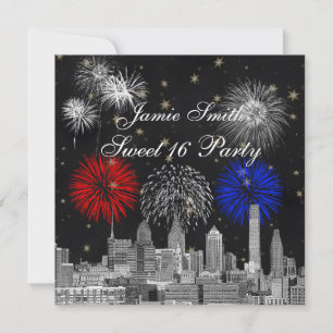 Philadelphia Skyline Schwarz Gold Star Sweet 16 FW Einladung