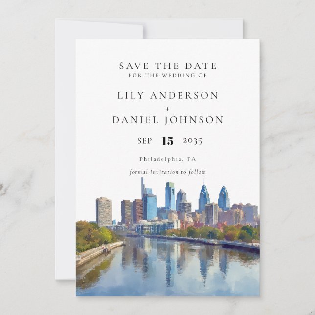 Philadelphia Skyline Watercolor Elegant Wedding Save The Date (Vorderseite)