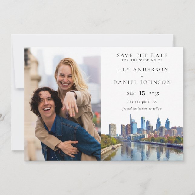 Philadelphia Skyline Watercolor Photo Wedding Save The Date (Vorderseite)