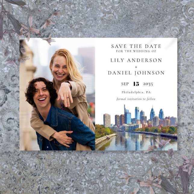 Philadelphia Skyline Watercolor Photo Wedding Save The Date (Philadelphia Skyline Watercolor Photo Wedding Save The Date)