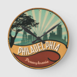 Philadelphia-Stadtskyline-Retro Vintage Wand-Uhr Runde Wanduhr