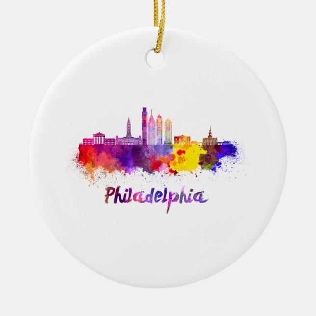 Philadelphia V2 Skyline in Aquarellfarbe Keramik Ornament (Vorne)