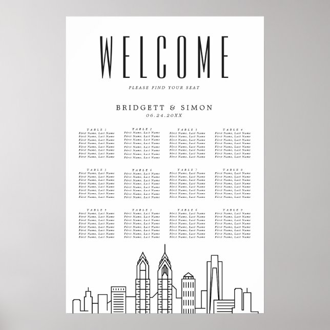 Philadelphia Wedding | 12 Tabelle Seating Chart Poster (Vorne)