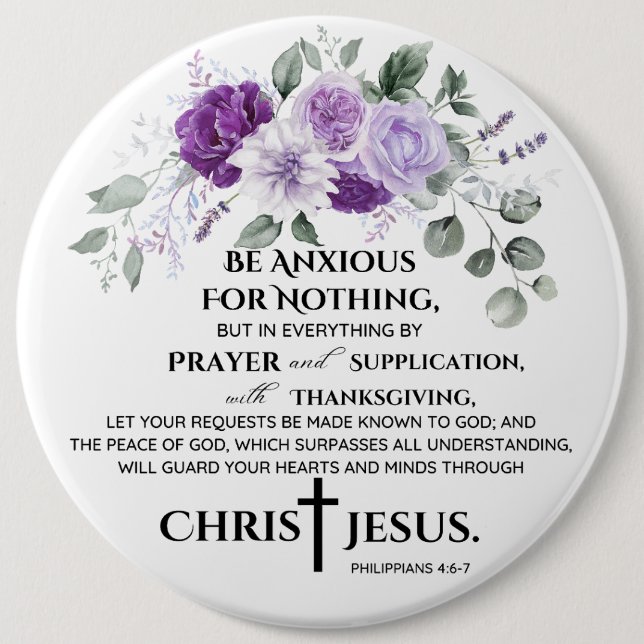 Philippinen 4:6-7 Schrift Purple Flowers Button (Vorderseite)