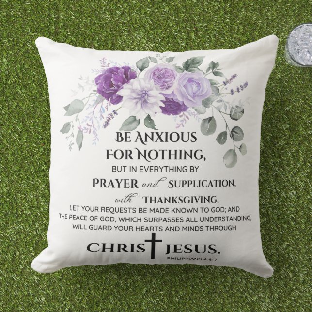 Philippinen 4:6-7 Schrift Purple Flowers Kissen (Gras)