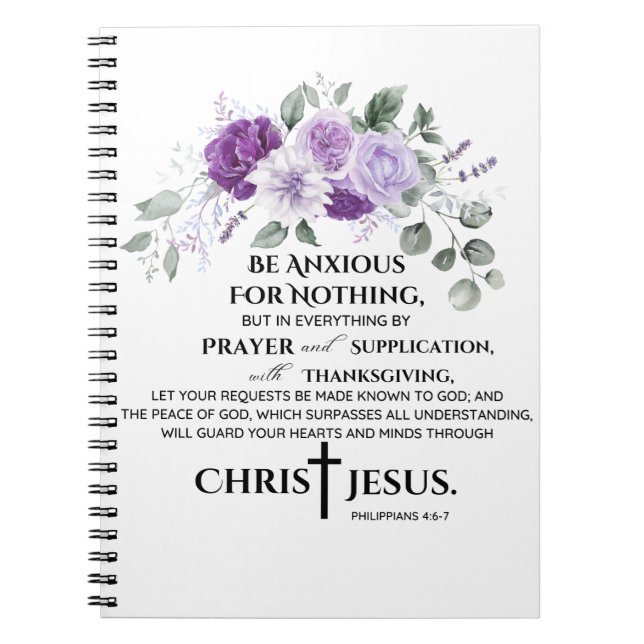 Philippinen 4:6-7 Schrift Purple Flowers Notizblock (Vorderseite)