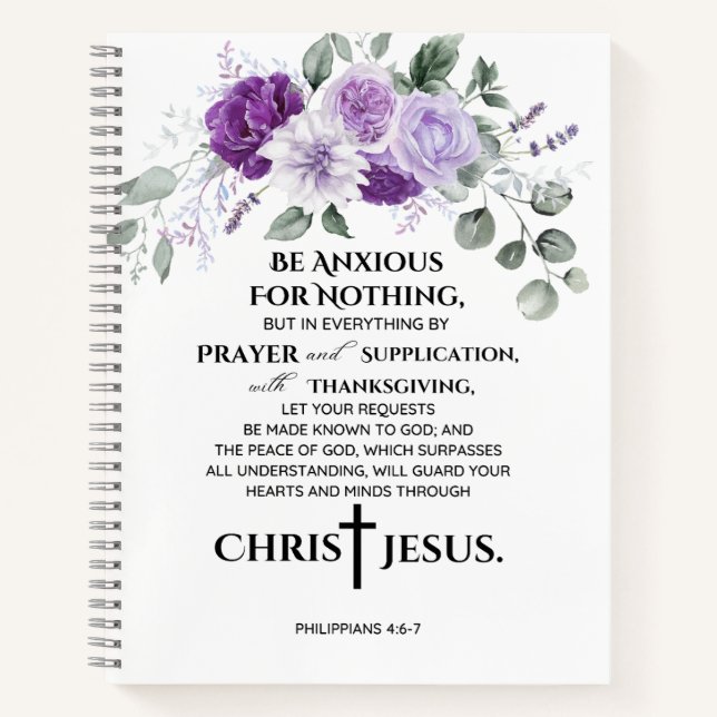 Philippinen 4:6-7 Schrift Purple Flowers Notizbuch (Vorderseite)