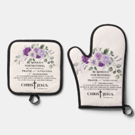 Philippinen 4:6-7 Schrift Purple Flowers Ofenhandschuh & Topflappen-Set