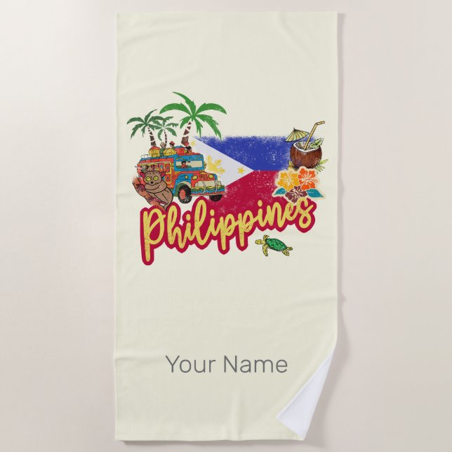 Philippinen Vintage Tarsier Flag Palm Souvenir Strandtuch (Vorderseite)