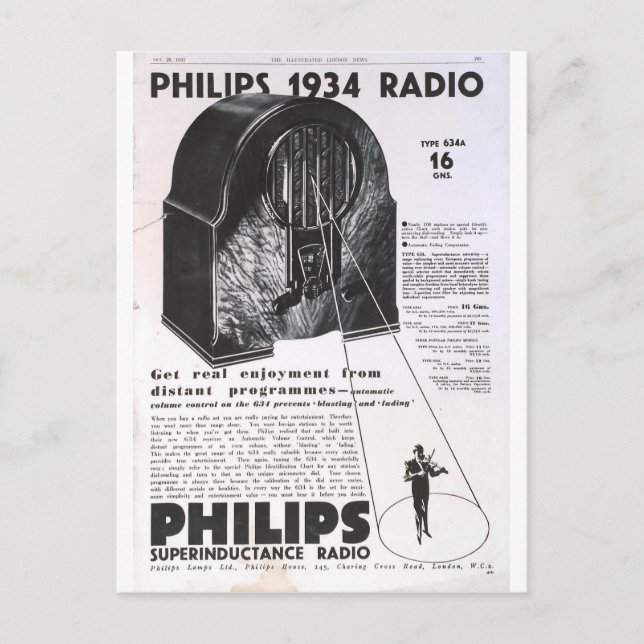 Philips 1934 Radio Retro antike Werbung Postkarte (Vorderseite)