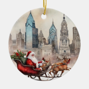 Philly Skyline mit Santa & Reindeer Keramik Ornament