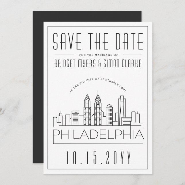 Philly Wedding | Stilisierte Skyline Save the Date Einladung (Vorne/Hinten)