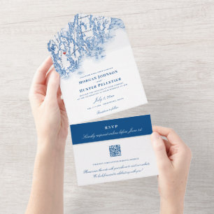 Phippsburg Maine Elegant Navy QR Wedding All In One Einladung