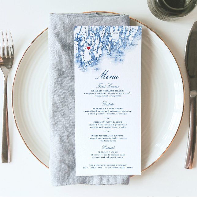 Phippsburg Maine Hochzeit in Urlaubsort Elegante M Menükarte (This Phippsburg Maine map menu is perfect for your 1774 Inn destination wedding)