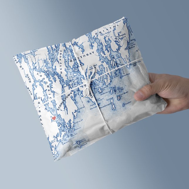 Phippsburg Maine Karte 1774 Inn Blue Seidenpapier (Phippsburg Maine Custom Tissue Paper for a 1774 Inn Wedding in blue and white by Coastal Map Designs)