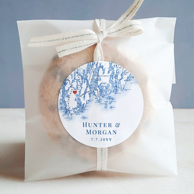 Phippsburg Maine Map-Gastgeschenk Hochzeit Runder Aufkleber (Phippsburg Maine Map wedding favor labels for your destination wedding at 1774 Inn)