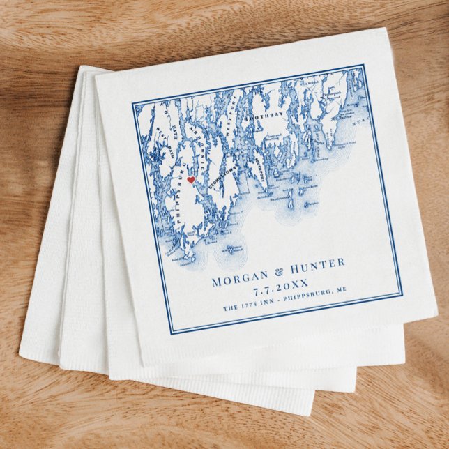Phippsburg Maine Map Navy Elegant Wedding Serviette (These Phippsburg Maine wedding napkins are perfect for your coastal 1774 Inn destination wedding)