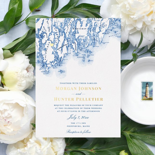 Phippsburg Maine Wedding Elegantes Gold Folieneinladung (This 1774 Inn gold foil and navy blue Maine map invitation is perfect for your Phippsburg wedding)